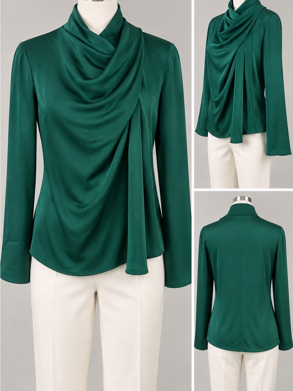 H&M emerald green draped cowl neck blouse XL NWT